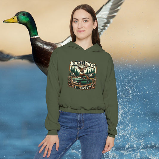 Women's Cotton Cinched Bottom Hoodie for camping: Ducks, Bucks n' Trucks