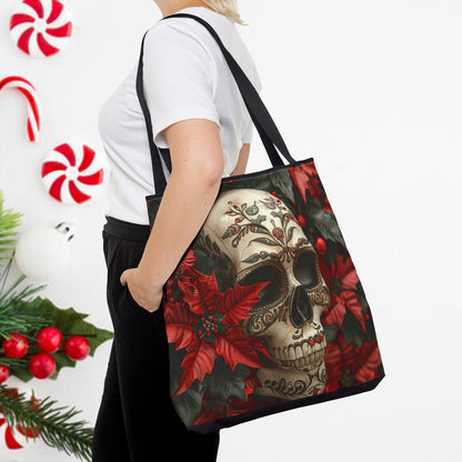 Poinsettia Skull Christmas and Holiday Tote Bag Perfect for Shopping