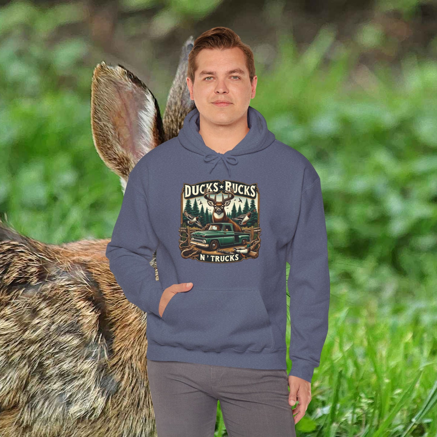 Unisex Heavy Blend™ Hooded Sweatshirt: Ducks, Bucks n' Trucks great for camping