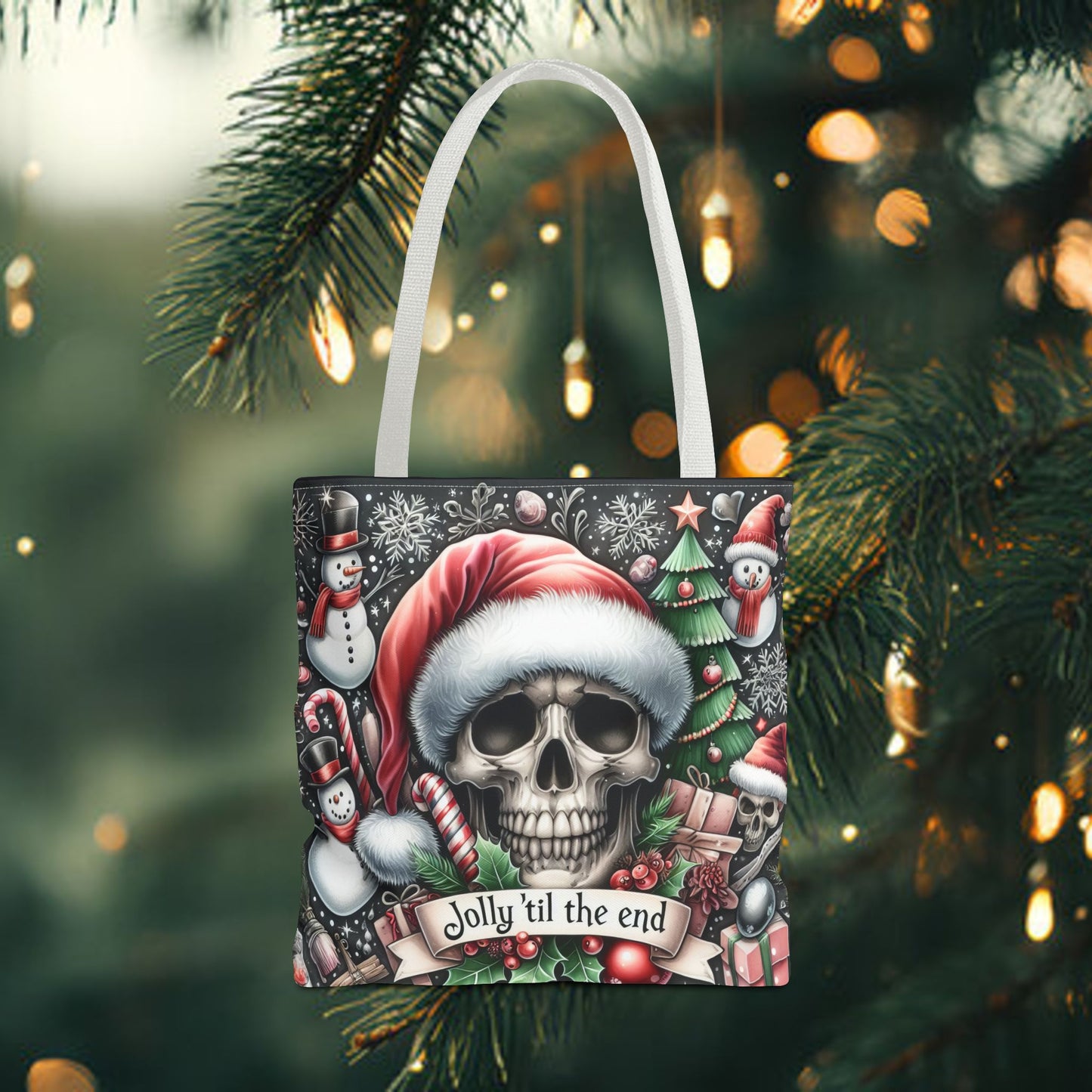 Jolly Til The End Skull Christmas and Holiday Tote Bag Perfect for Shopping