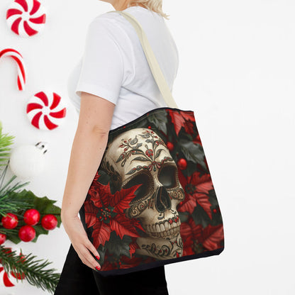 Poinsettia Skull Christmas and Holiday Tote Bag Perfect for Shopping