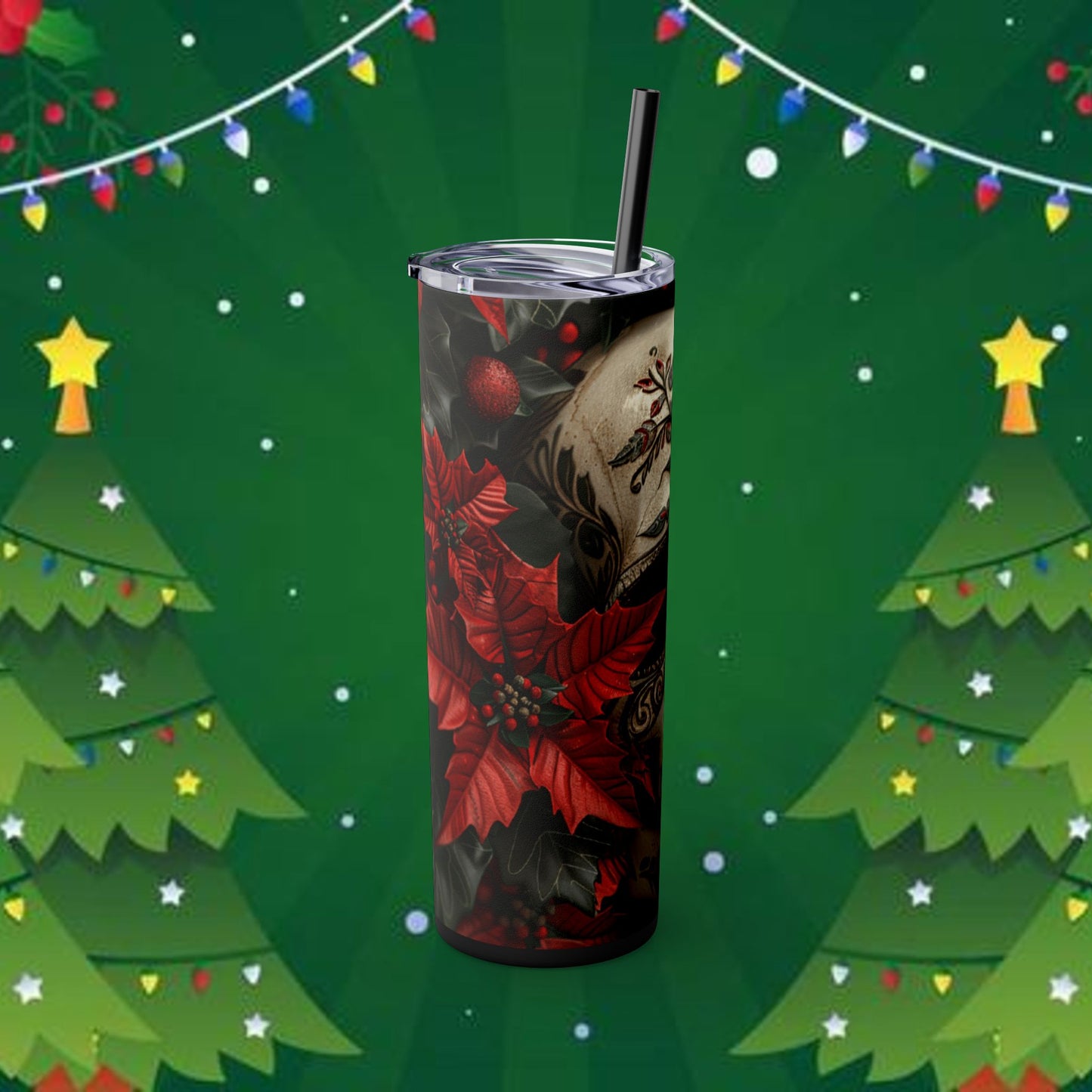 Poinsettia Christmas Skull themed Skinny Tumbler with Straw, 20oz