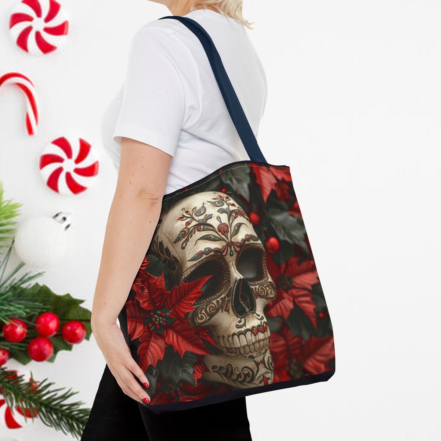 Poinsettia Skull Christmas and Holiday Tote Bag Perfect for Shopping