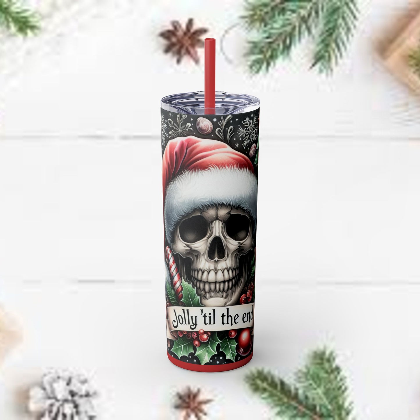 Jolly til the End Christmas Skull themed Skinny Tumbler with Straw, 20oz