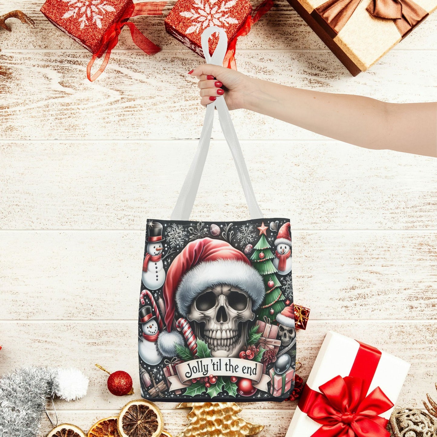 Jolly Til The End Skull Christmas and Holiday Tote Bag Perfect for Shopping