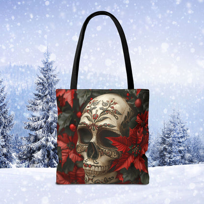 Poinsettia Skull Christmas and Holiday Tote Bag Perfect for Shopping