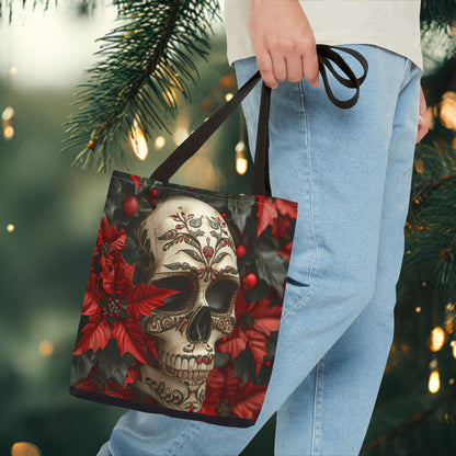 Poinsettia Skull Christmas and Holiday Tote Bag Perfect for Shopping