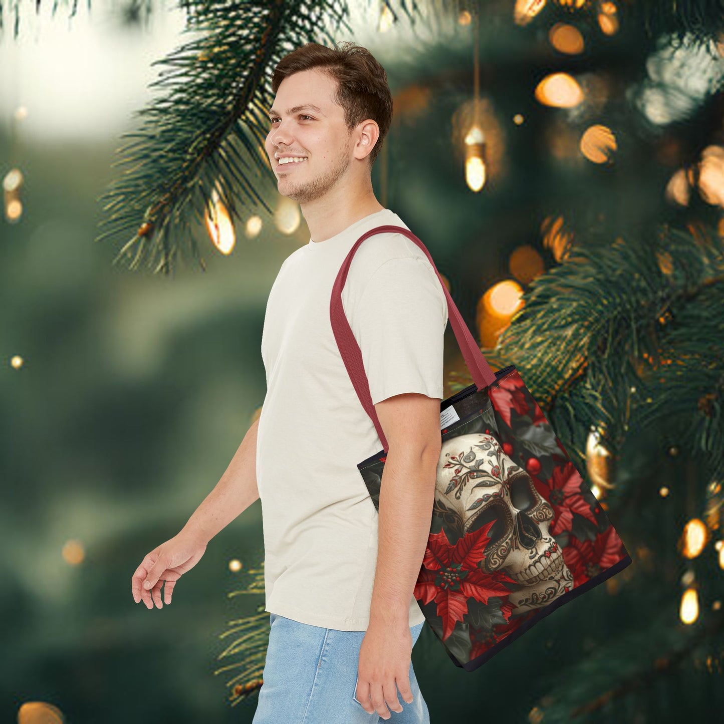 Poinsettia Skull Christmas and Holiday Tote Bag Perfect for Shopping