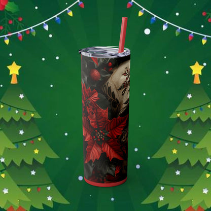 Poinsettia Christmas Skull themed Skinny Tumbler with Straw, 20oz