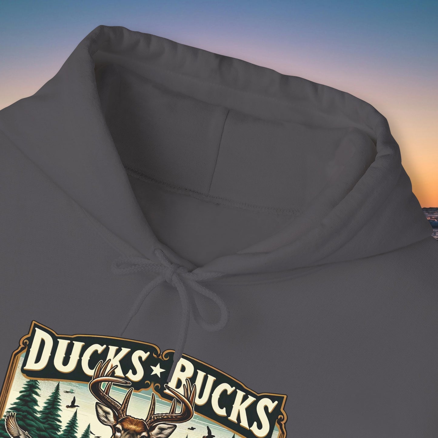 Unisex Heavy Blend™ Hooded Sweatshirt: Ducks, Bucks n' Trucks great for camping