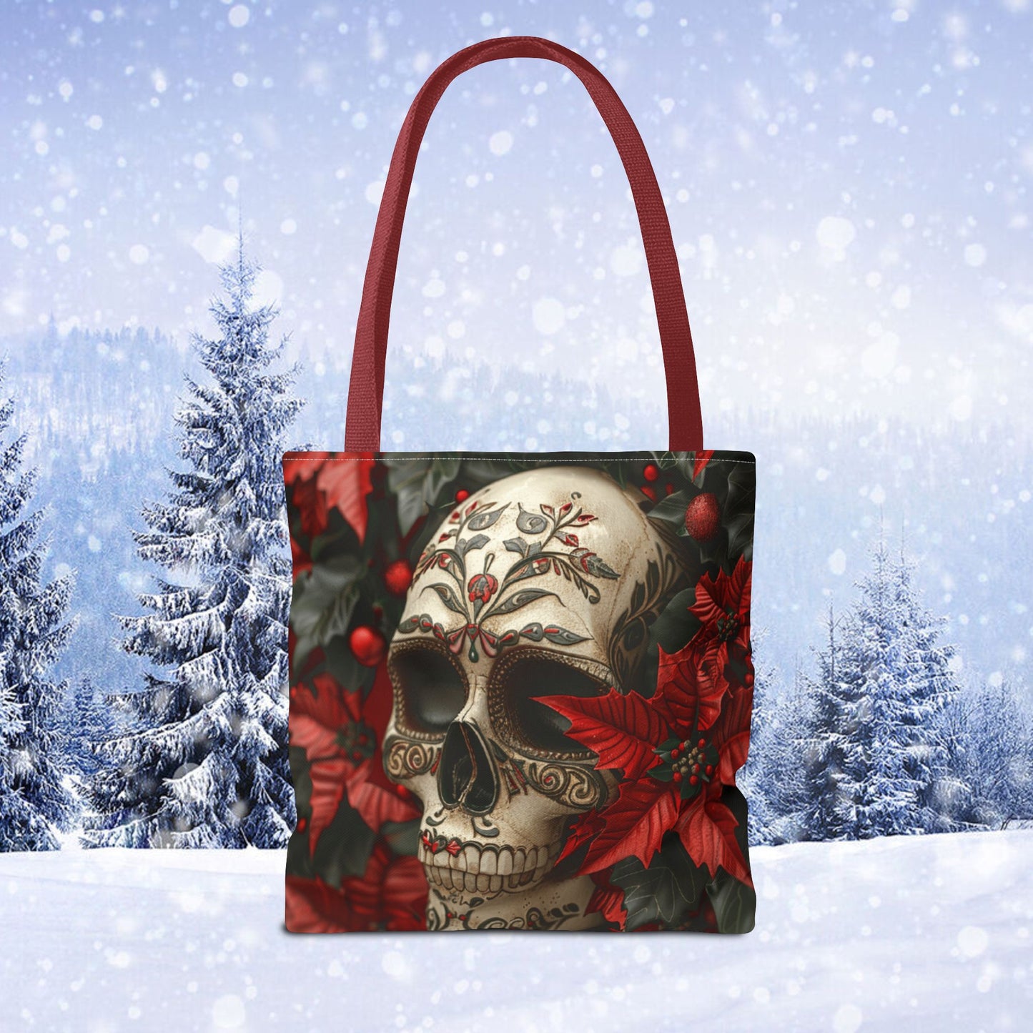 Poinsettia Skull Christmas and Holiday Tote Bag Perfect for Shopping