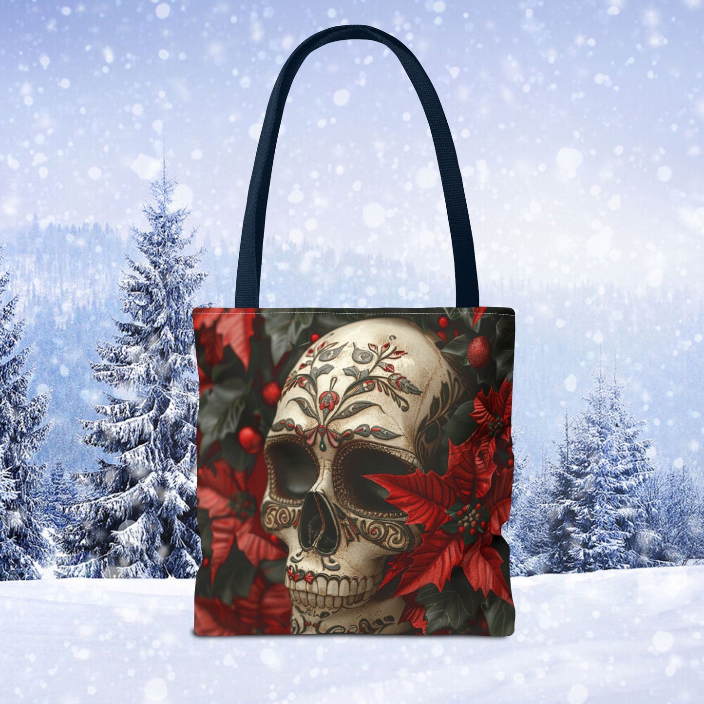 Poinsettia Skull Christmas and Holiday Tote Bag Perfect for Shopping