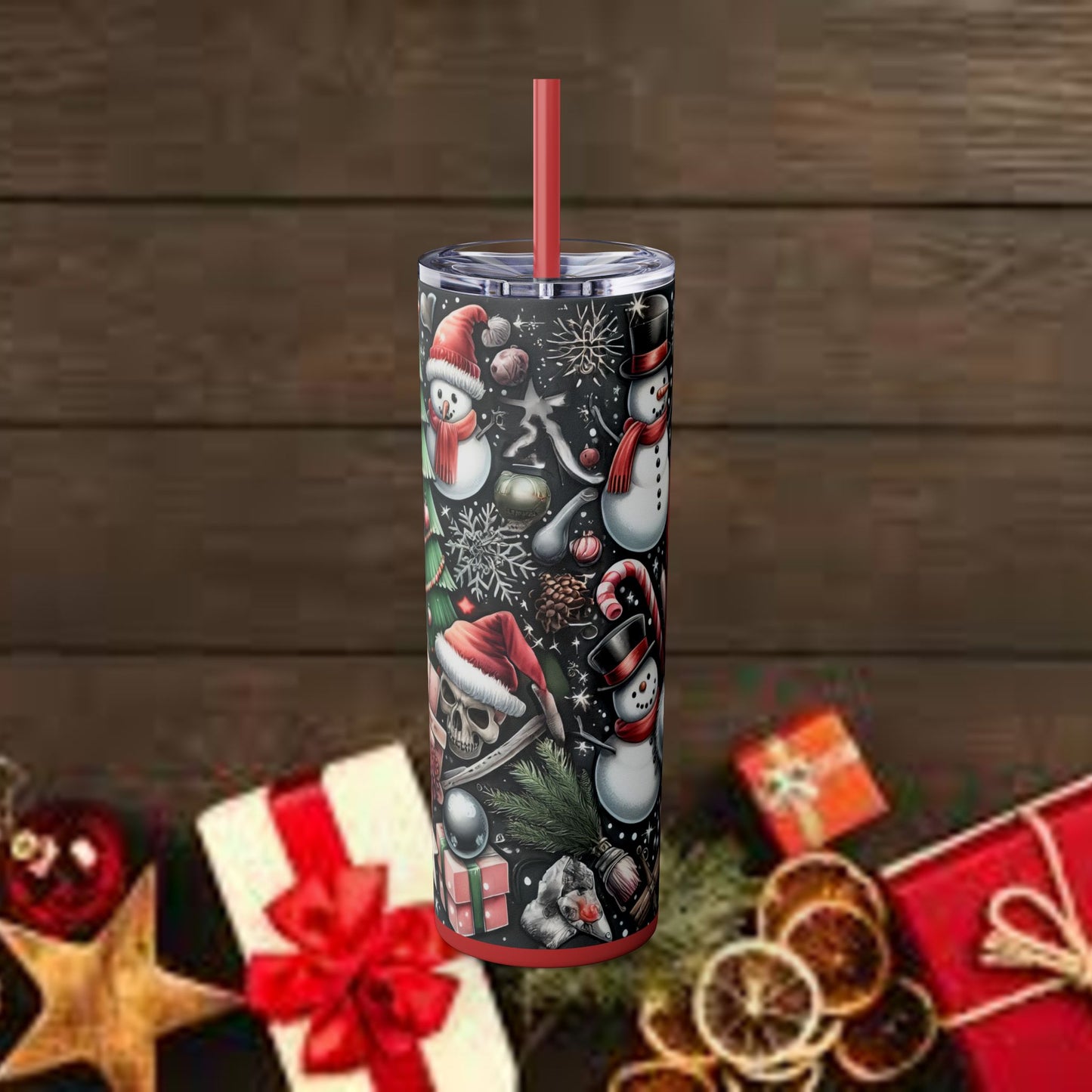 Jolly til the End Christmas Skull themed Skinny Tumbler with Straw, 20oz