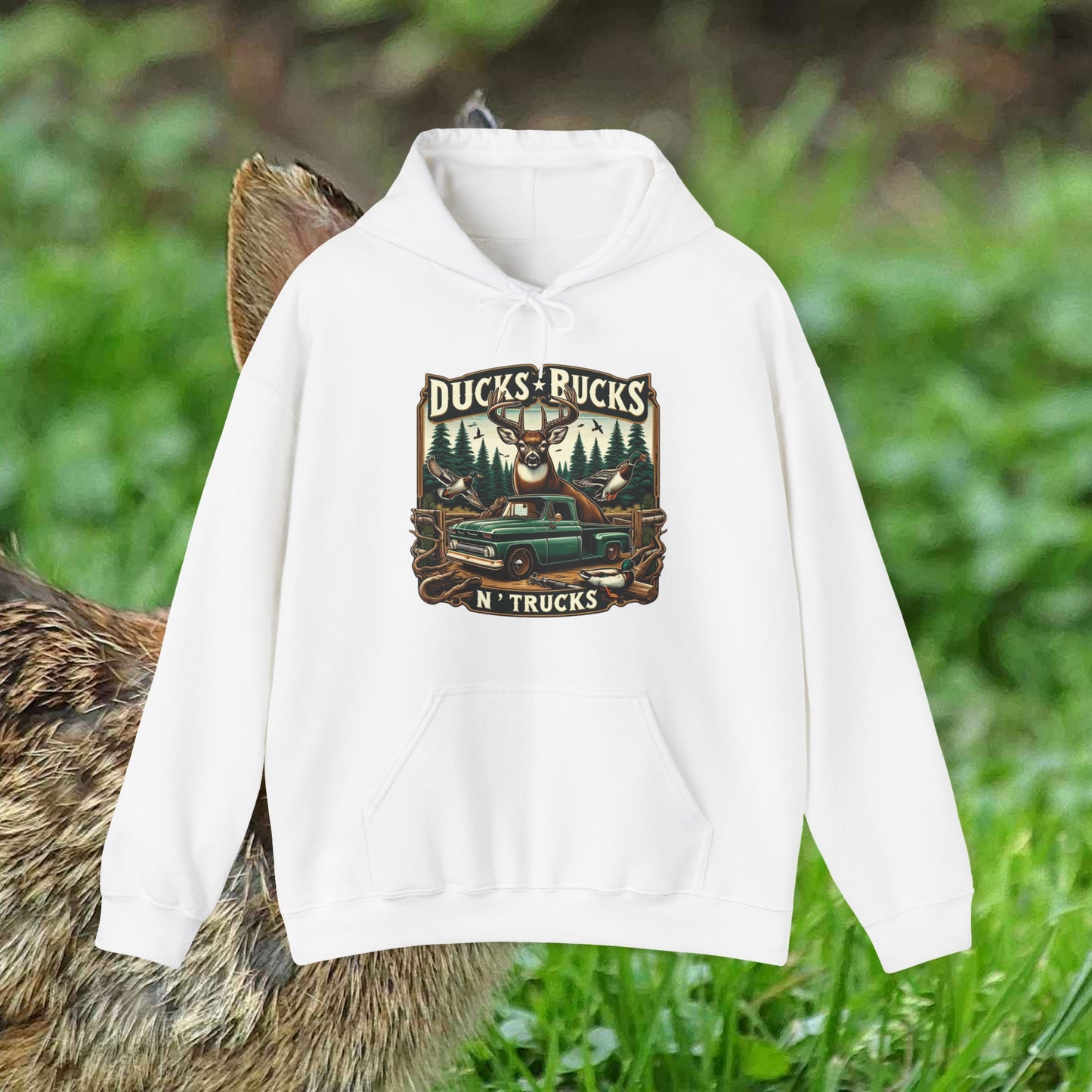 Unisex Heavy Blend™ Hooded Sweatshirt: Ducks, Bucks n' Trucks great for camping