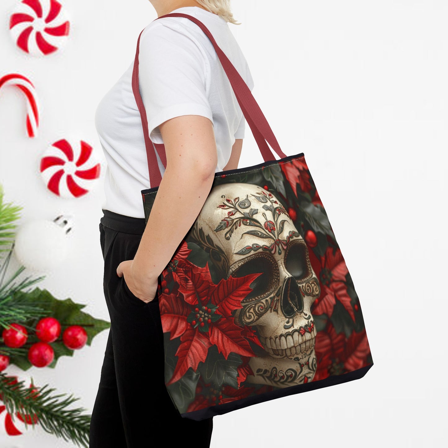 Poinsettia Skull Christmas and Holiday Tote Bag Perfect for Shopping