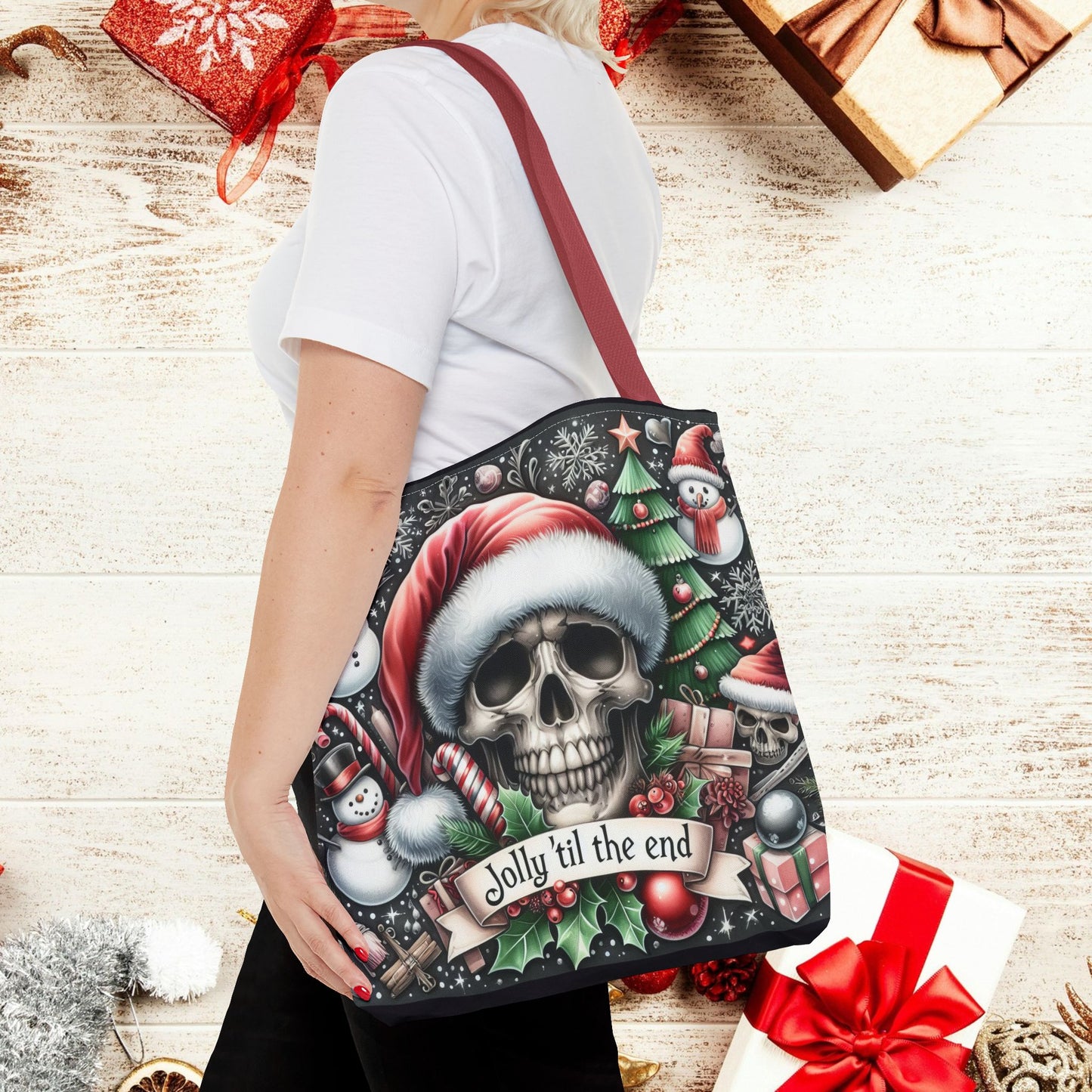 Jolly Til The End Skull Christmas and Holiday Tote Bag Perfect for Shopping