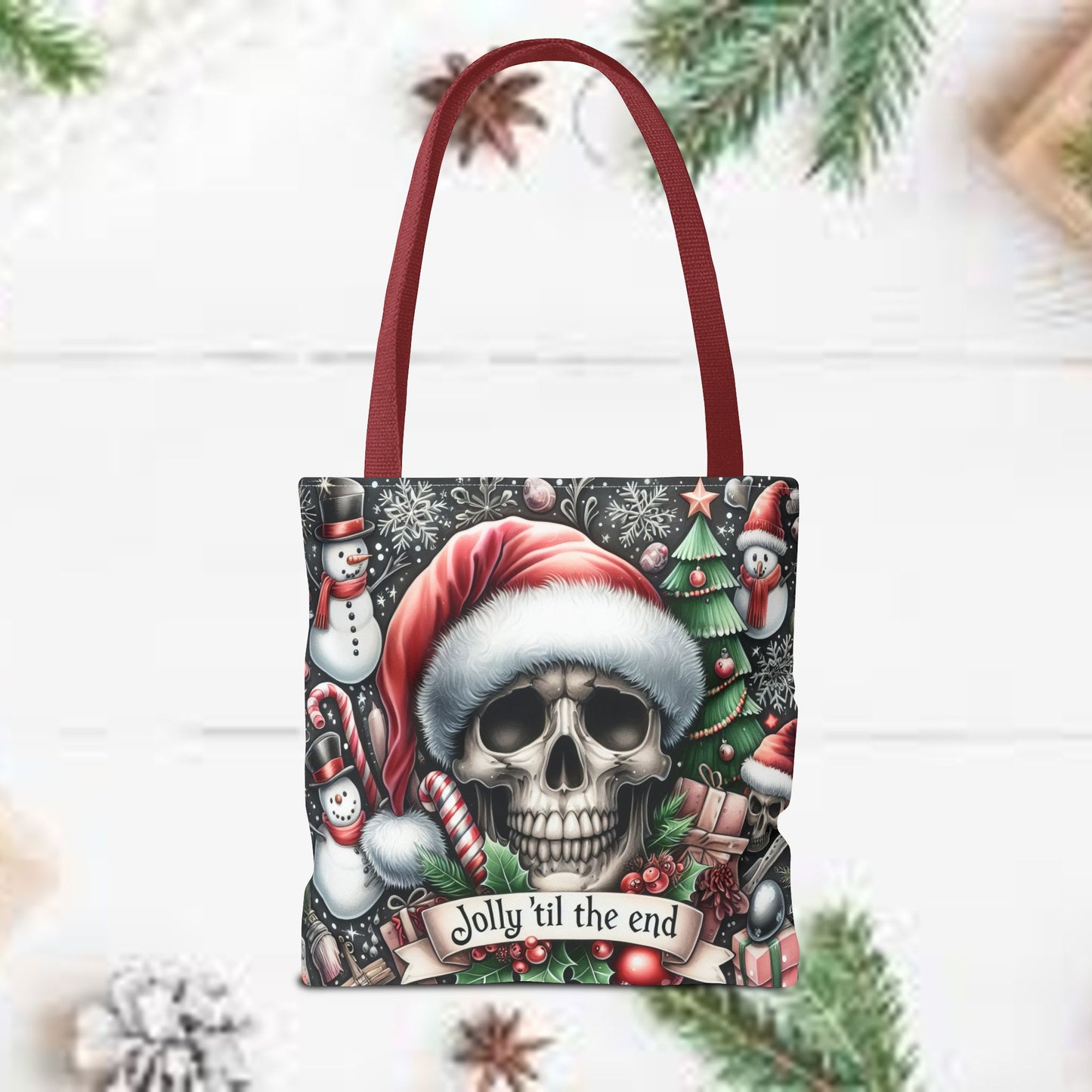 Jolly Til The End Skull Christmas and Holiday Tote Bag Perfect for Shopping