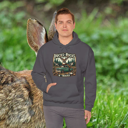 Unisex Heavy Blend™ Hooded Sweatshirt: Ducks, Bucks n' Trucks great for camping