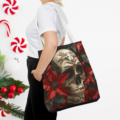 Poinsettia Skull Christmas and Holiday Tote Bag Perfect for Shopping