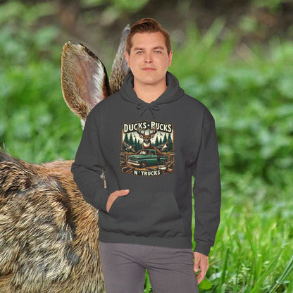 Unisex Heavy Blend™ Hooded Sweatshirt: Ducks, Bucks n' Trucks great for camping