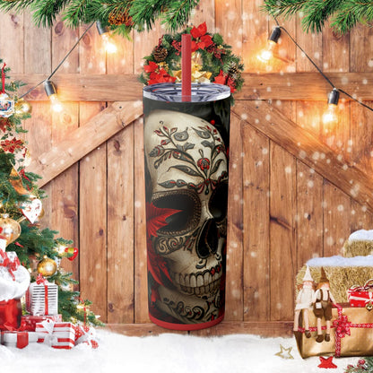 Poinsettia Christmas Skull themed Skinny Tumbler with Straw, 20oz