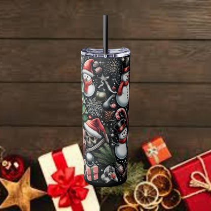 Jolly til the End Christmas Skull themed Skinny Tumbler with Straw, 20oz