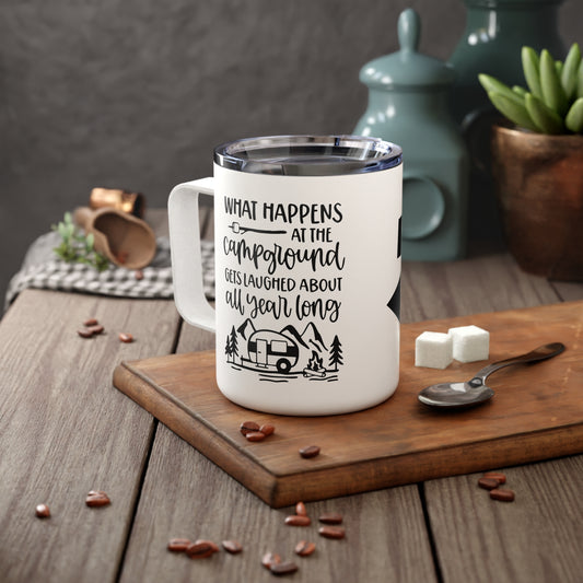 Happens at Camp Insulated Coffee Mug, 10oz, Camping Essentials