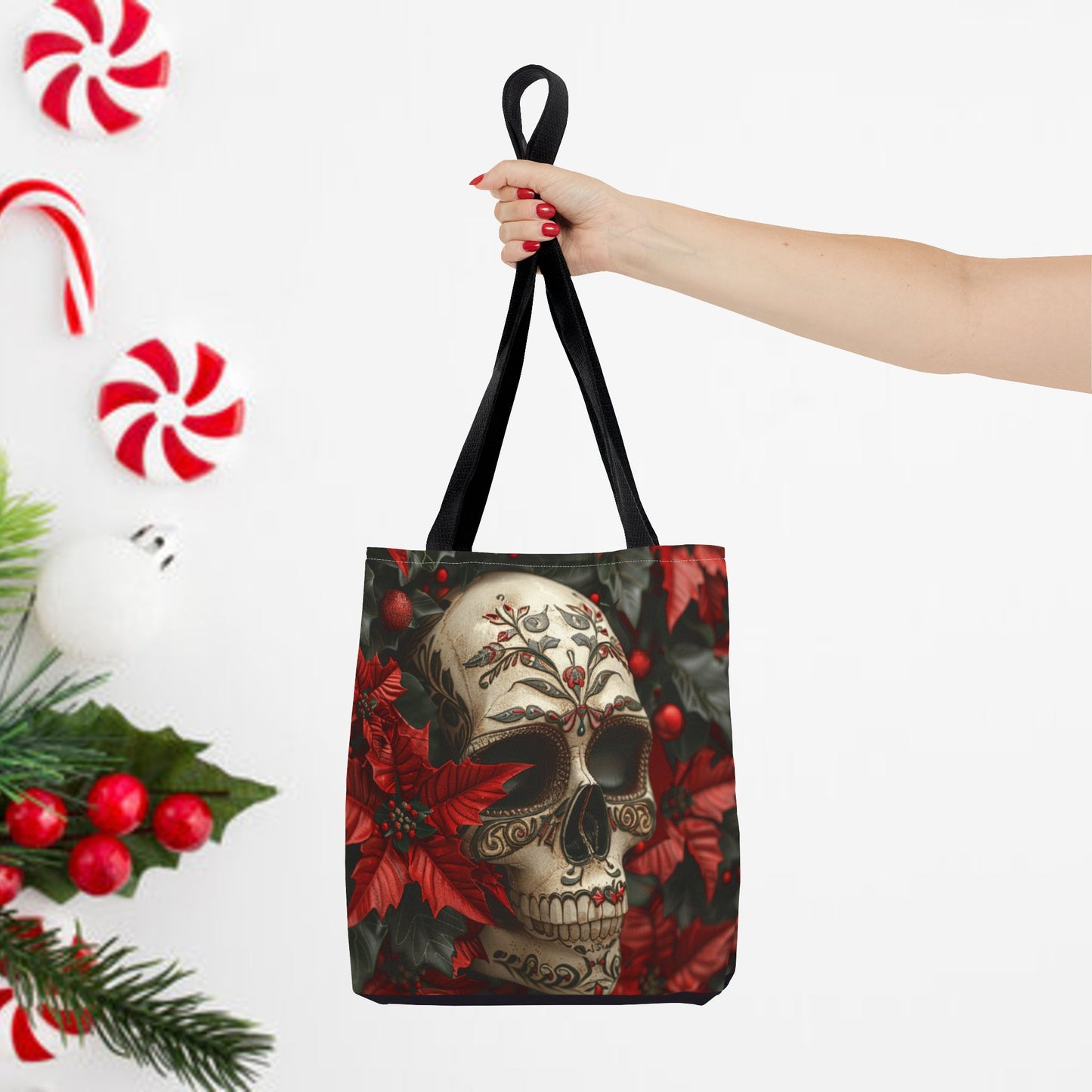 Poinsettia Skull Christmas and Holiday Tote Bag Perfect for Shopping