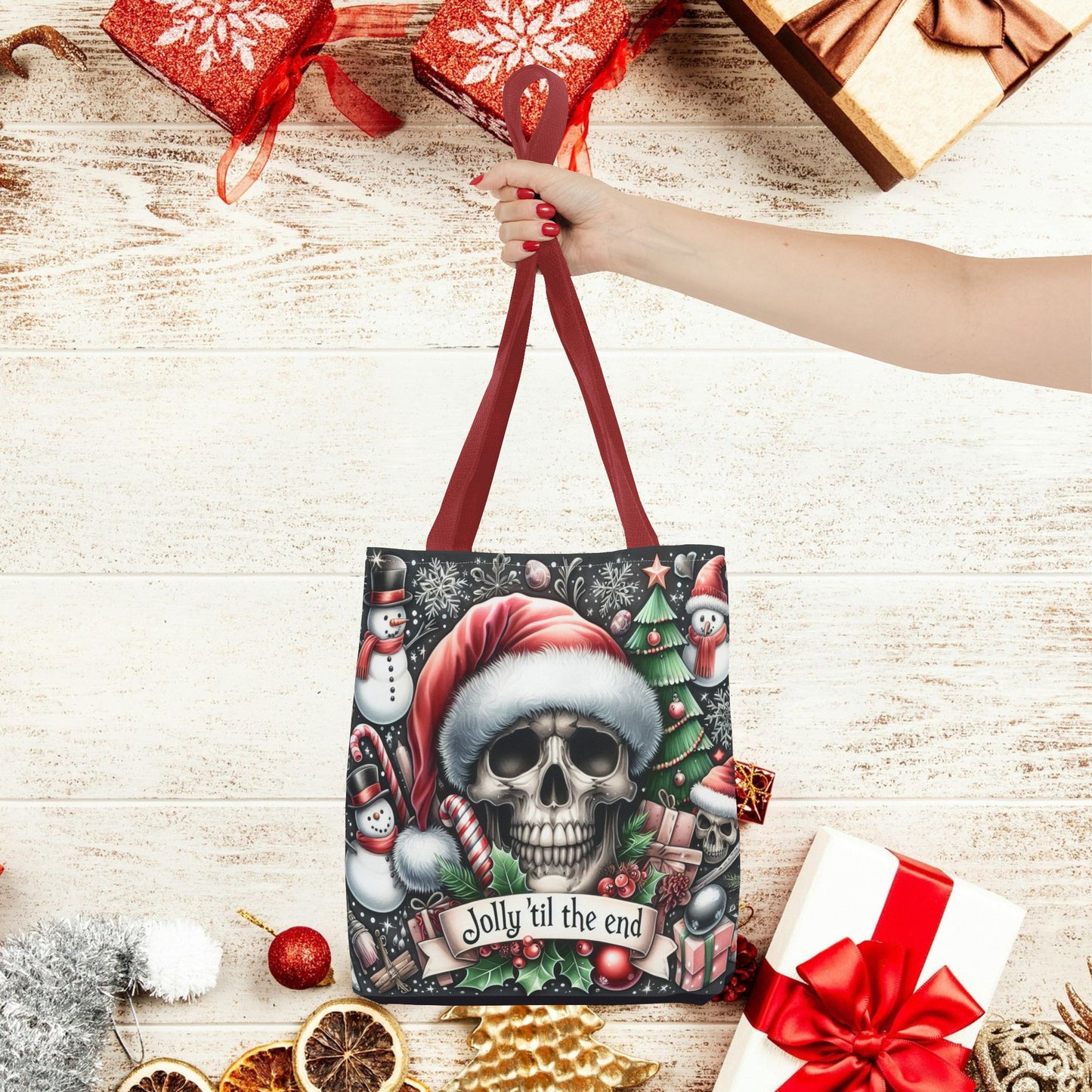 Jolly Til The End Skull Christmas and Holiday Tote Bag Perfect for Shopping