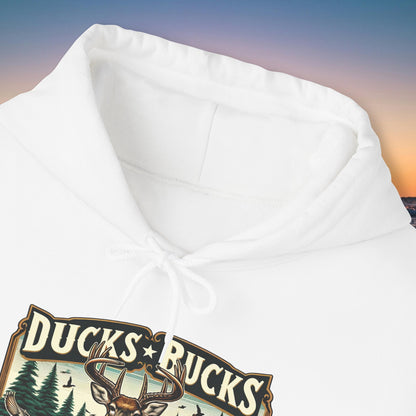 Unisex Heavy Blend™ Hooded Sweatshirt: Ducks, Bucks n' Trucks great for camping