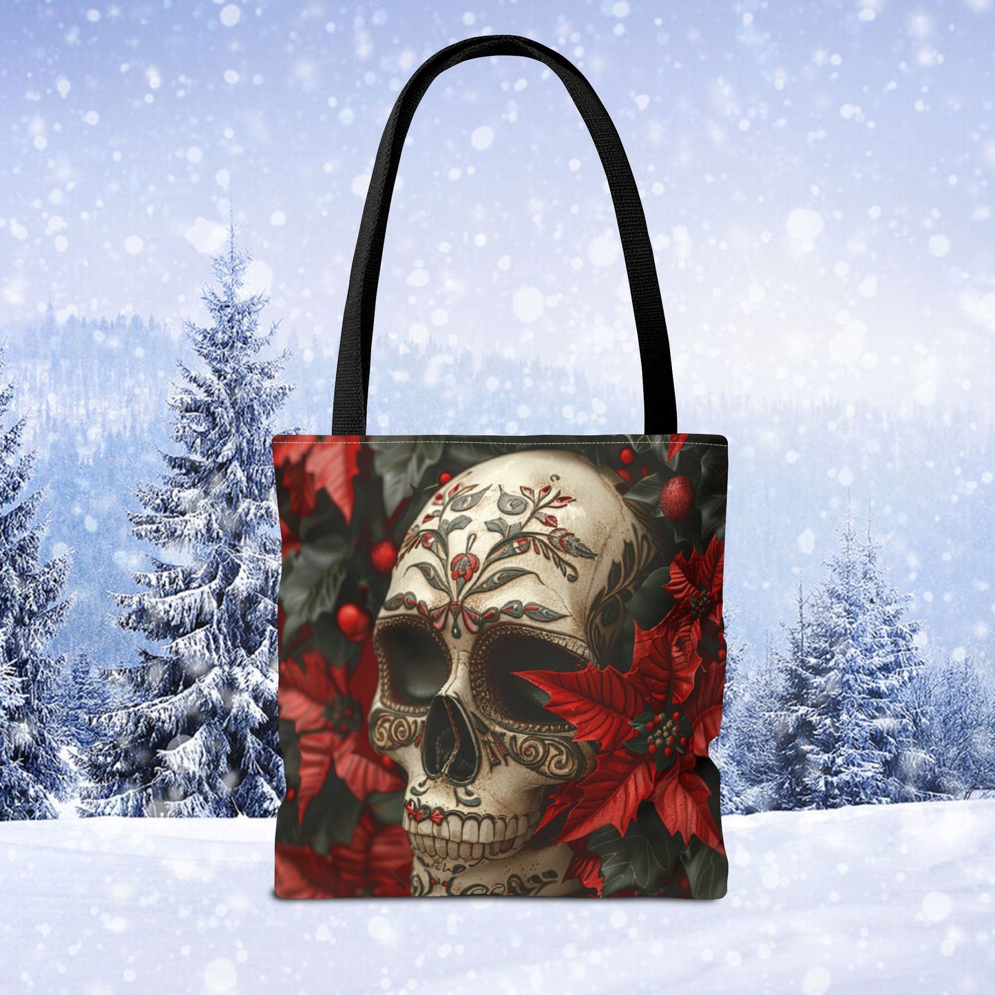 Poinsettia Skull Christmas and Holiday Tote Bag Perfect for Shopping