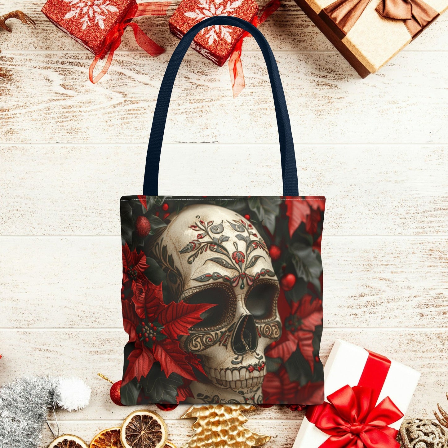 Poinsettia Skull Christmas and Holiday Tote Bag Perfect for Shopping