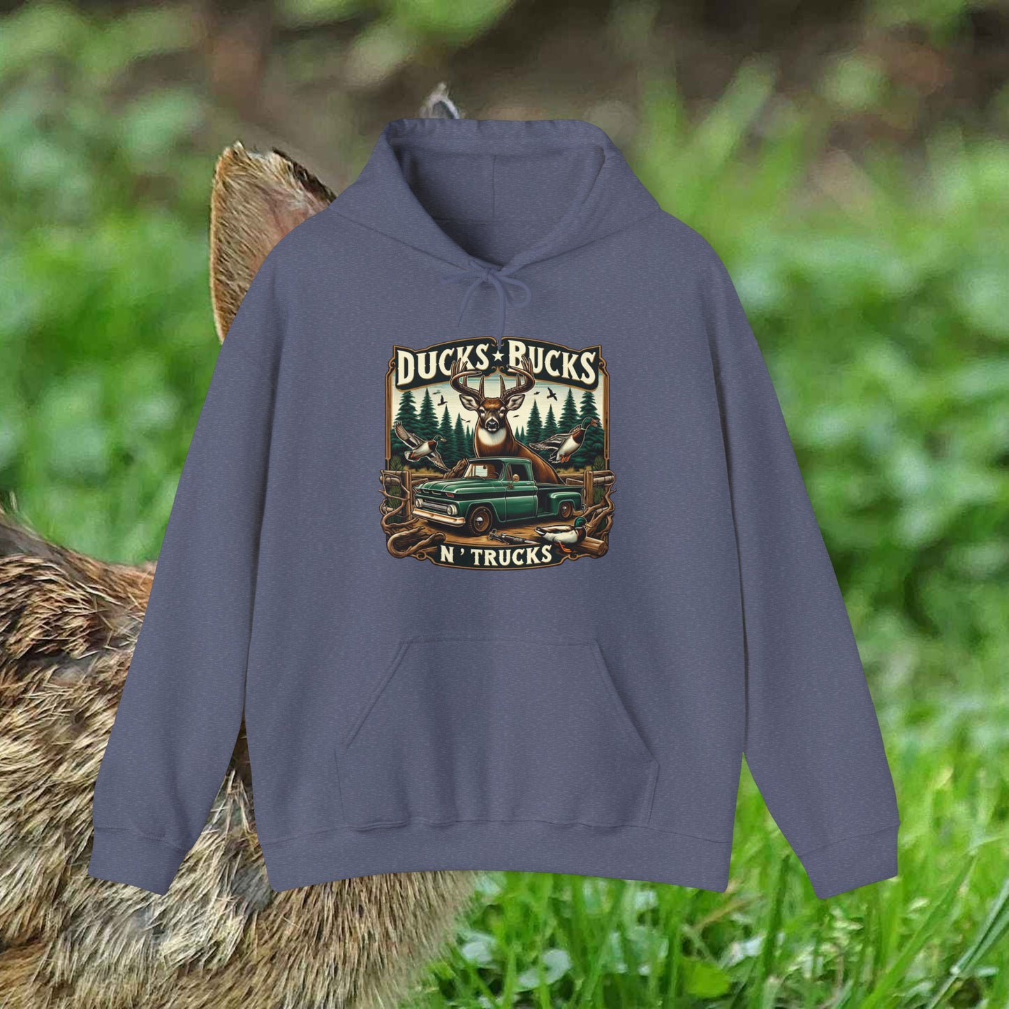 Unisex Heavy Blend™ Hooded Sweatshirt: Ducks, Bucks n' Trucks great for camping