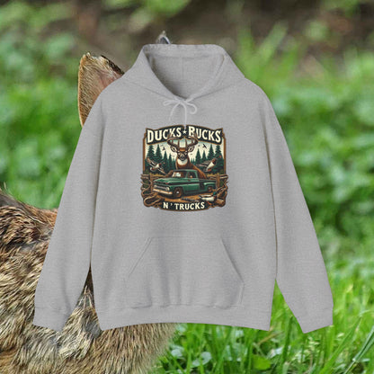 Unisex Heavy Blend™ Hooded Sweatshirt: Ducks, Bucks n' Trucks great for camping