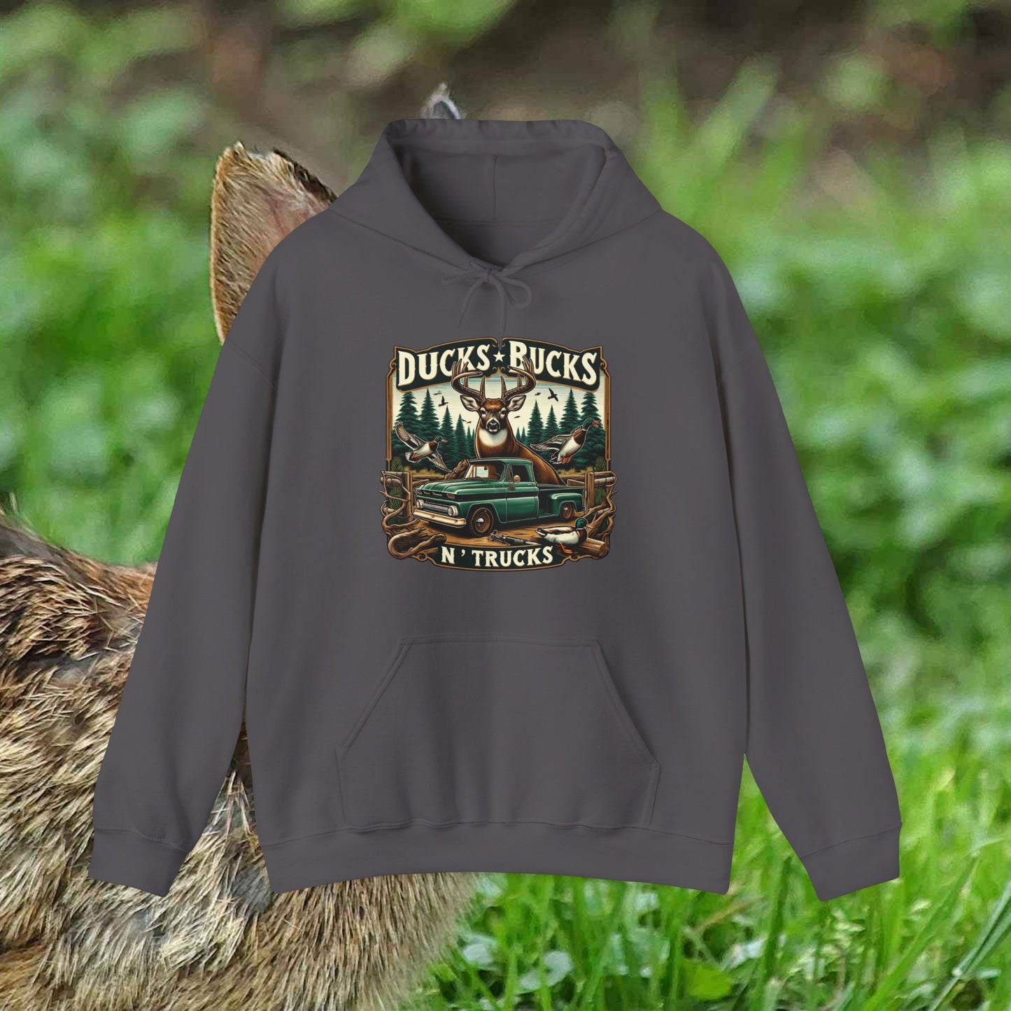 Unisex Heavy Blend™ Hooded Sweatshirt: Ducks, Bucks n' Trucks great for camping