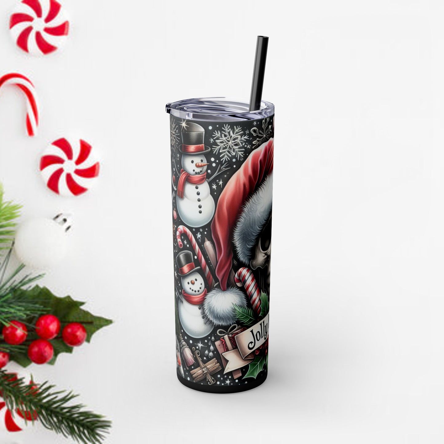 Jolly til the End Christmas Skull themed Skinny Tumbler with Straw, 20oz