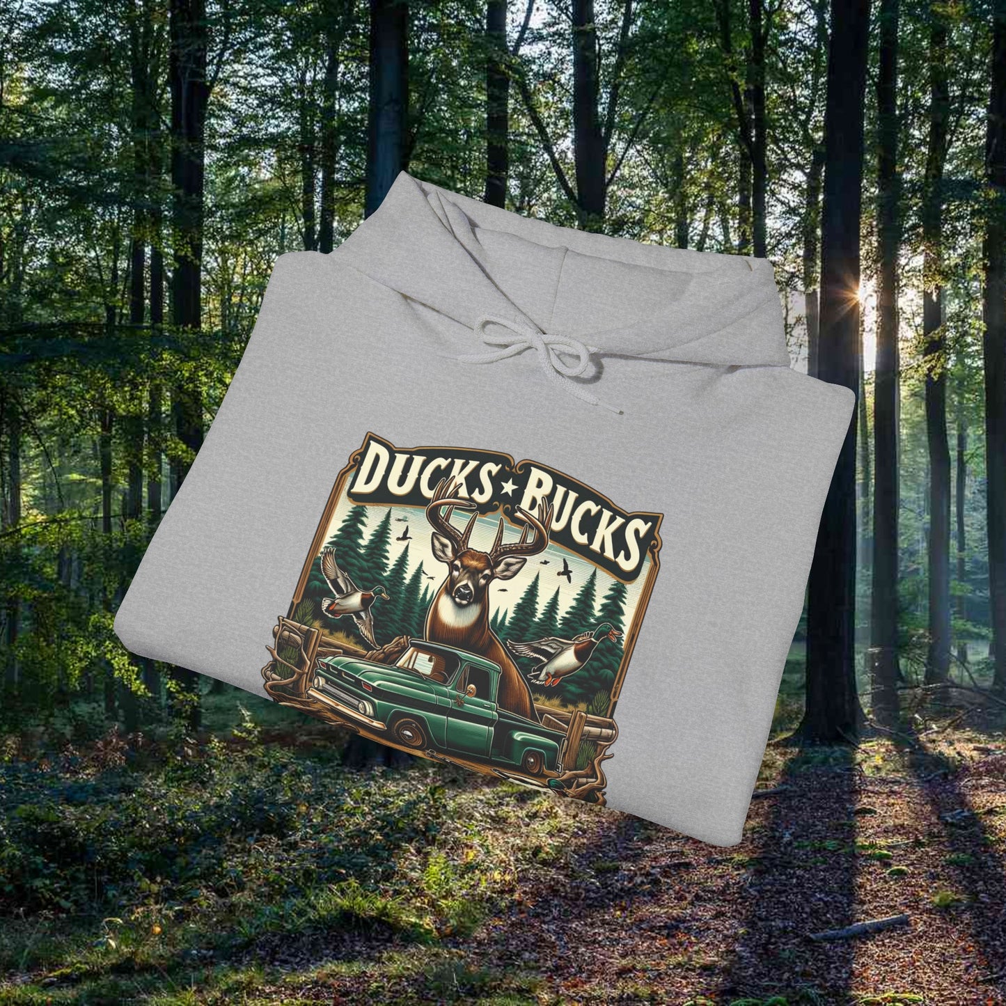 Unisex Heavy Blend™ Hooded Sweatshirt: Ducks, Bucks n' Trucks great for camping