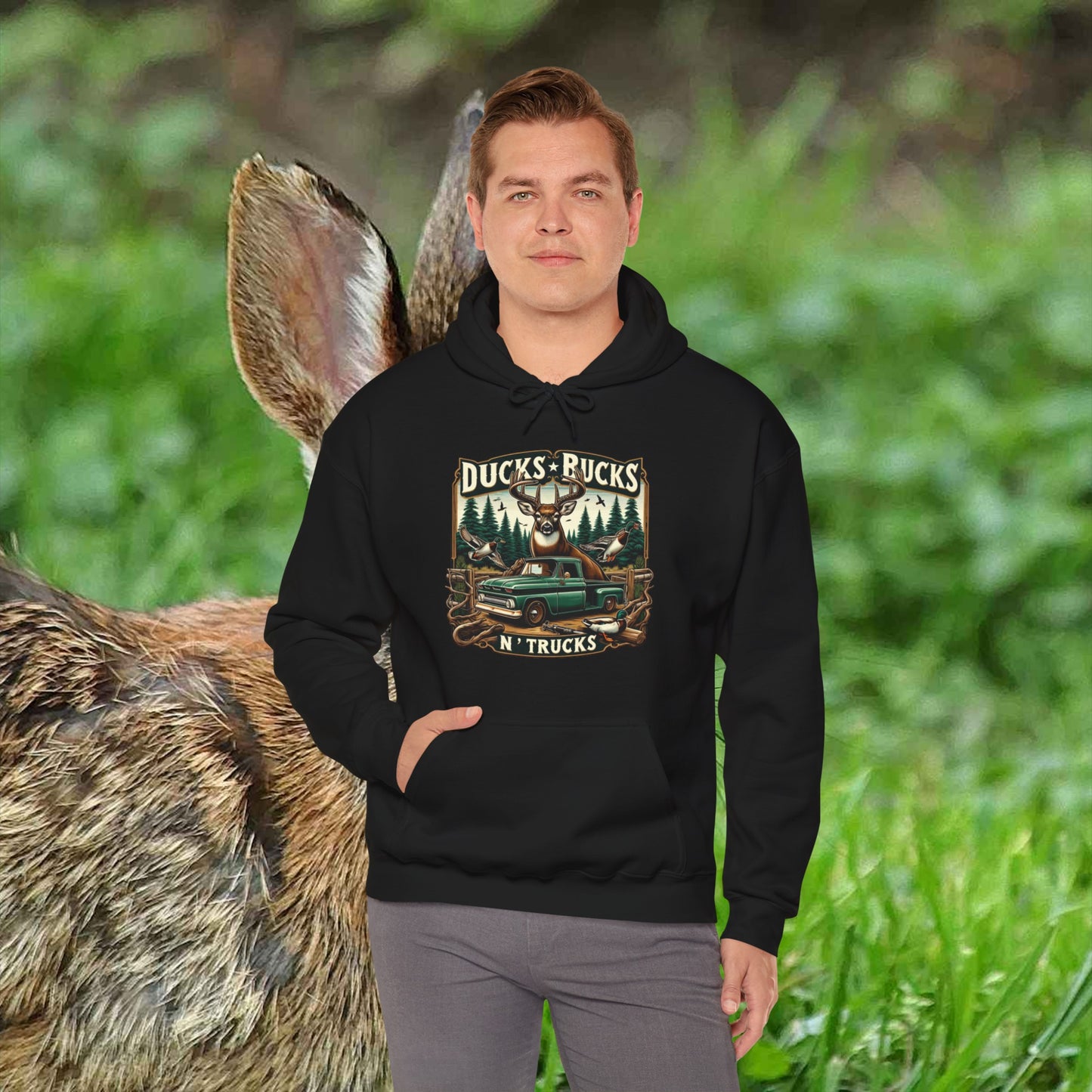 Unisex Heavy Blend™ Hooded Sweatshirt: Ducks, Bucks n' Trucks great for camping