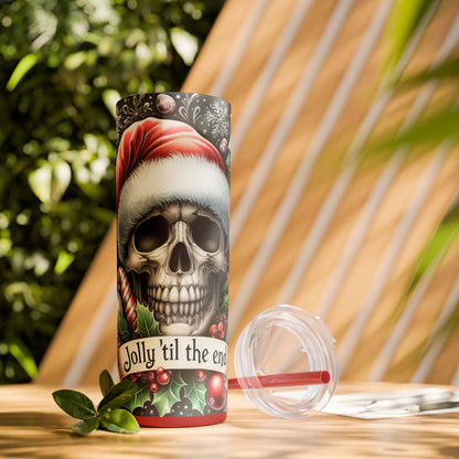 Jolly til the End Christmas Skull themed Skinny Tumbler with Straw, 20oz