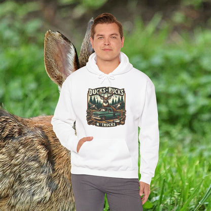 Unisex Heavy Blend™ Hooded Sweatshirt: Ducks, Bucks n' Trucks great for camping