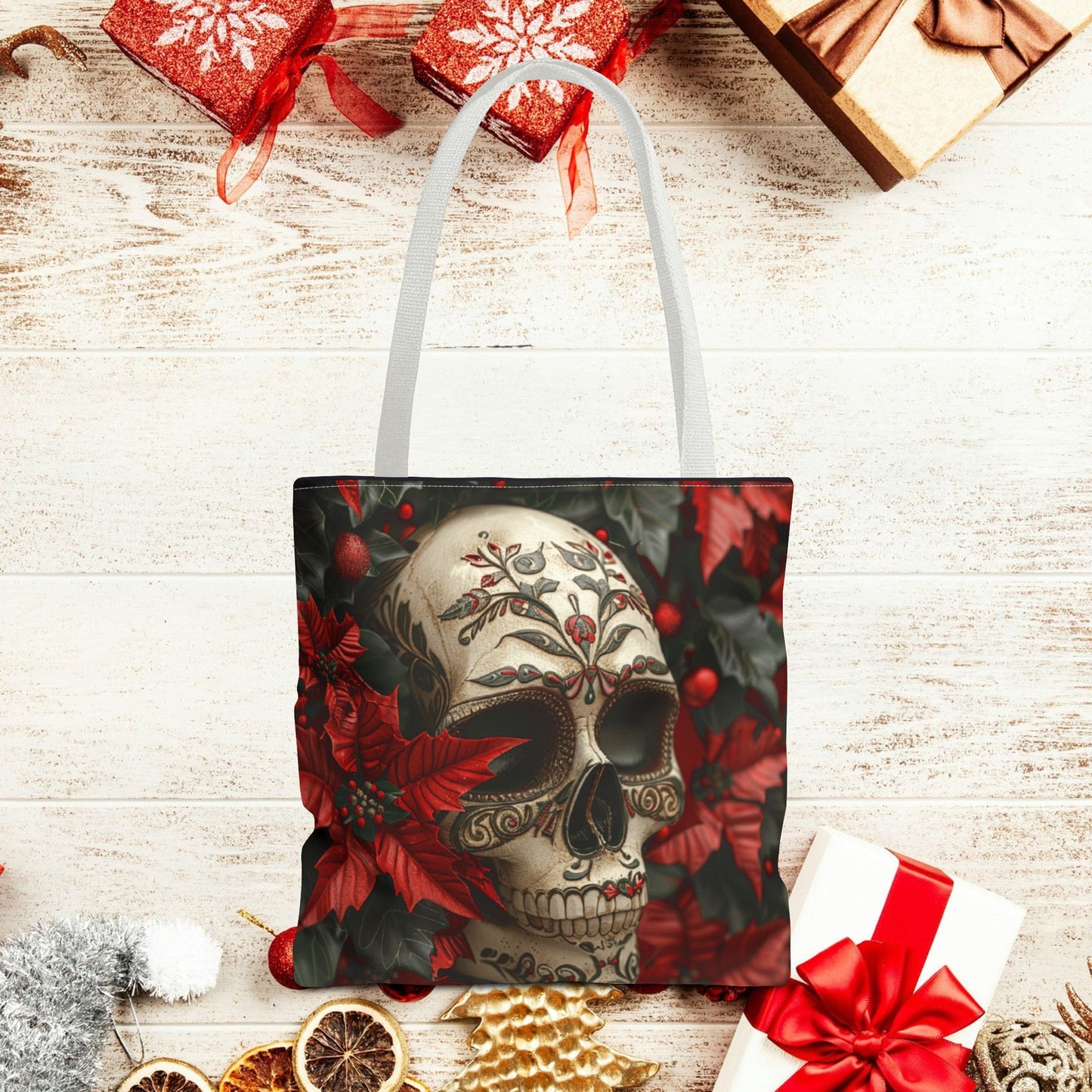 Poinsettia Skull Christmas and Holiday Tote Bag Perfect for Shopping