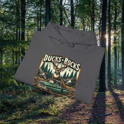 Unisex Heavy Blend™ Hooded Sweatshirt: Ducks, Bucks n' Trucks great for camping