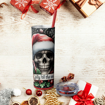 Jolly til the End Christmas Skull themed Skinny Tumbler with Straw, 20oz