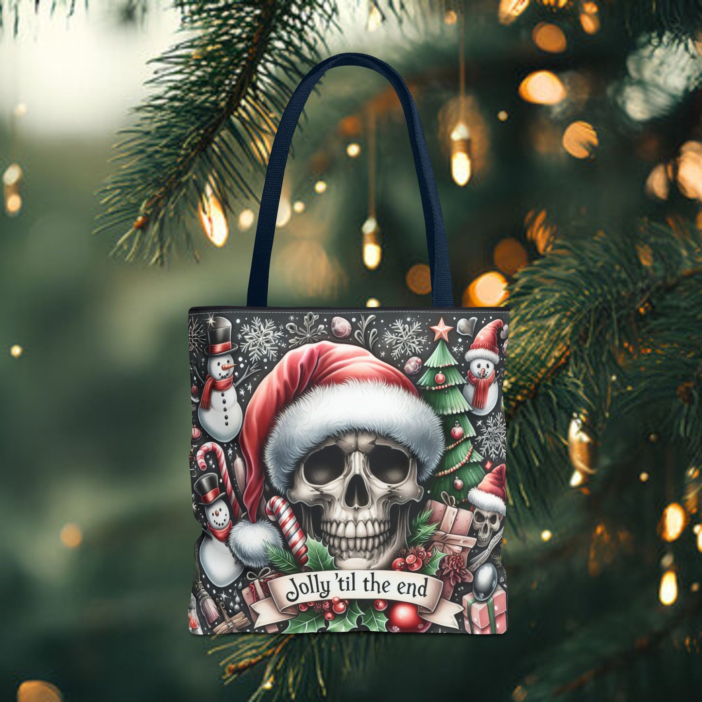 Jolly Til The End Skull Christmas and Holiday Tote Bag Perfect for Shopping