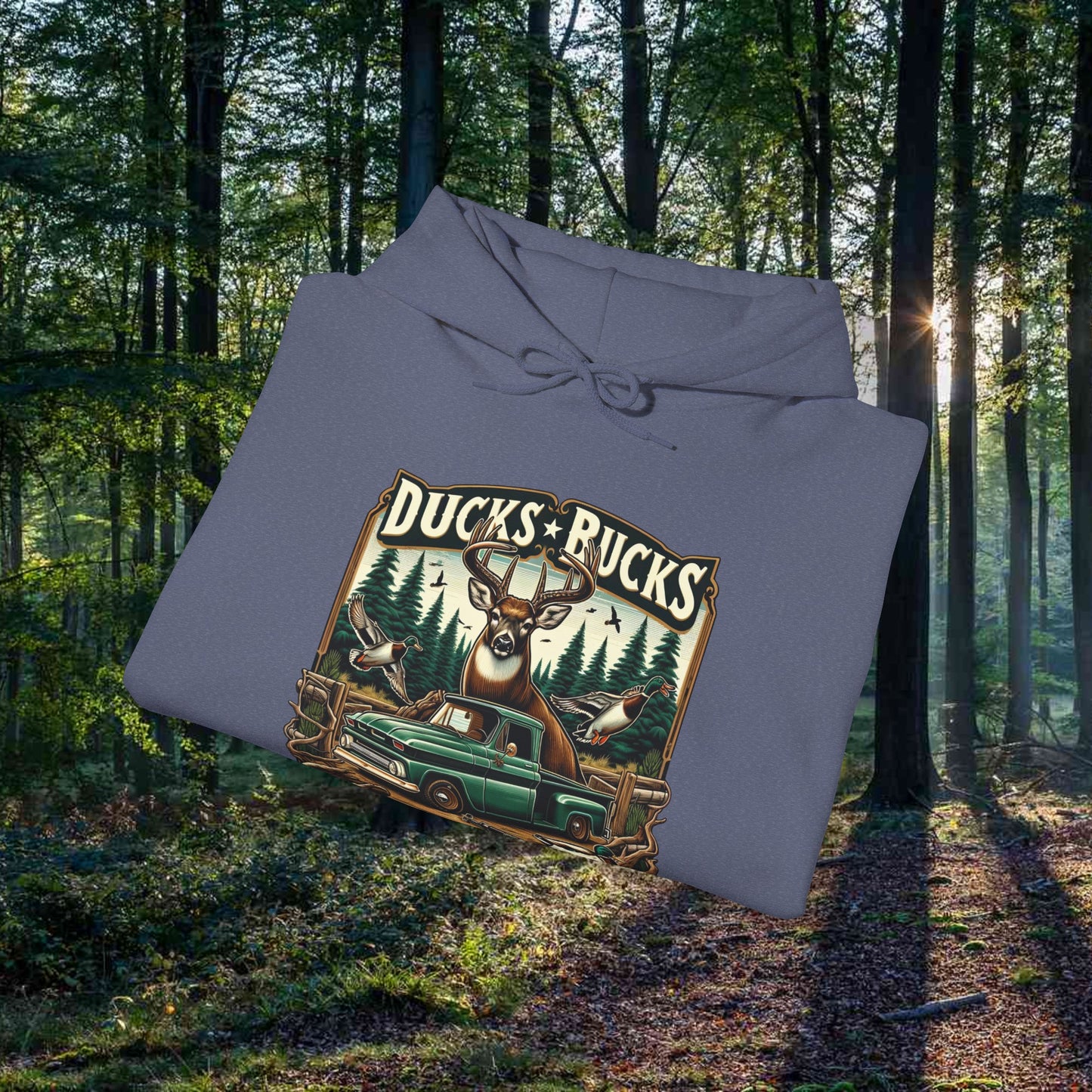 Unisex Heavy Blend™ Hooded Sweatshirt: Ducks, Bucks n' Trucks great for camping