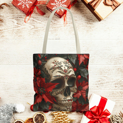 Poinsettia Skull Christmas and Holiday Tote Bag Perfect for Shopping