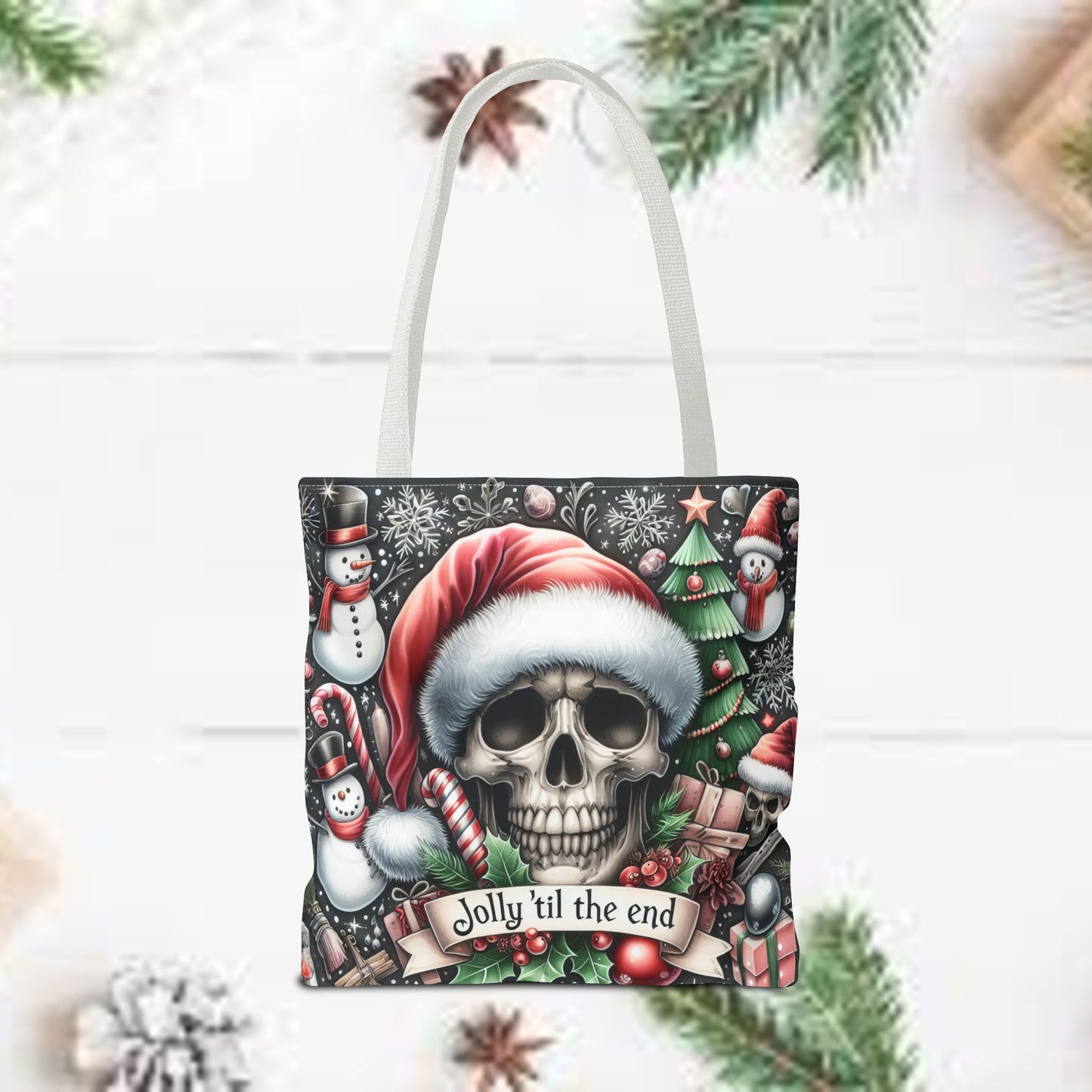 Jolly Til The End Skull Christmas and Holiday Tote Bag Perfect for Shopping