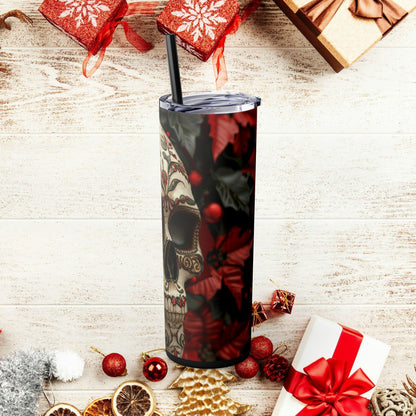 Poinsettia Christmas Skull themed Skinny Tumbler with Straw, 20oz