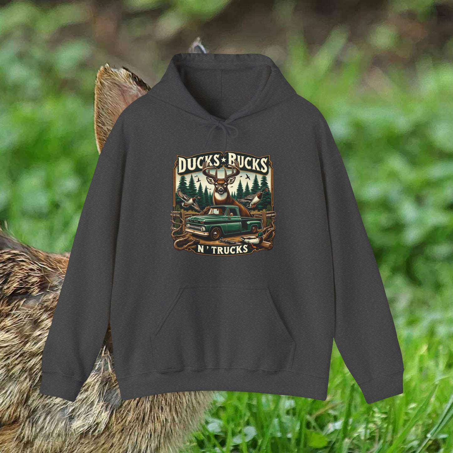 Unisex Heavy Blend™ Hooded Sweatshirt: Ducks, Bucks n' Trucks great for camping