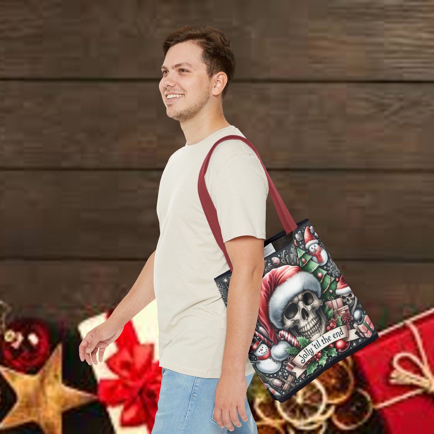 Jolly Til The End Skull Christmas and Holiday Tote Bag Perfect for Shopping